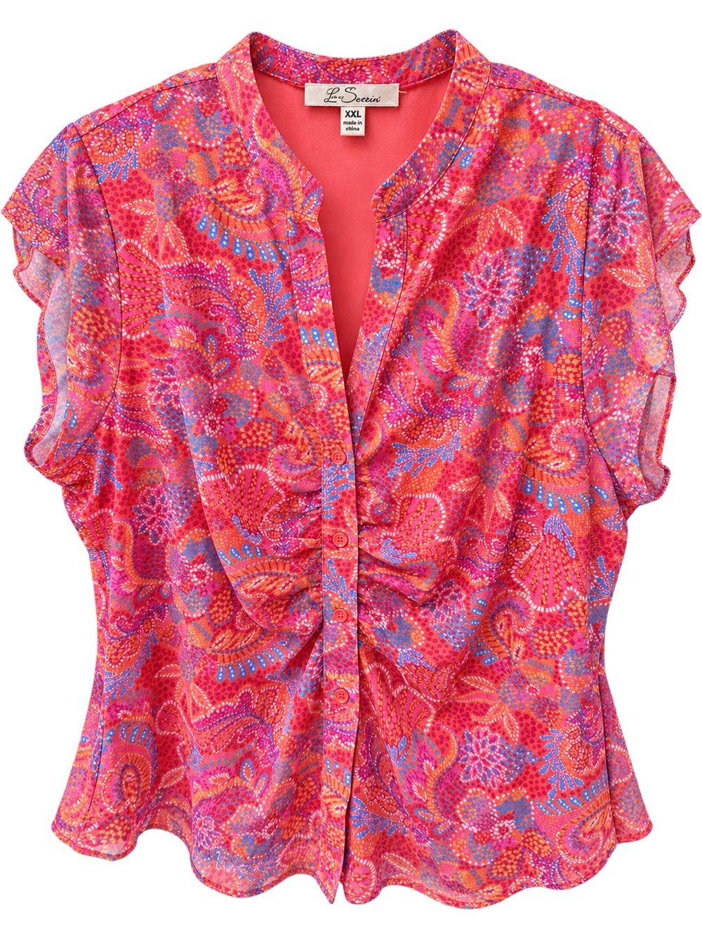 Le Sweater Pink Paisley Short-Sleeve Ruched Blouse